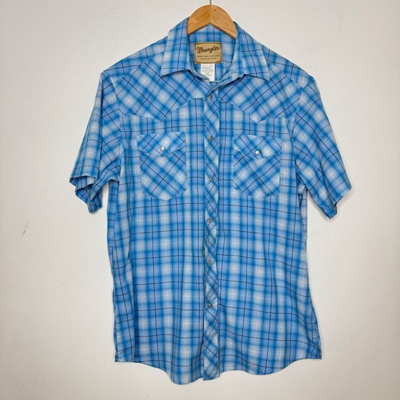 Wrangler Other - Vintage Wrangler Western Pearl Snap Shirt Men L Blue‎ Plaid Cowboy Rodeo Casual